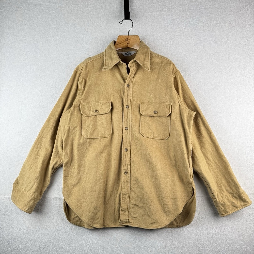 70's Vintage Woolrich Flannel Button Up Shirt‎ 2XL Mens Beige Brown Made in USA